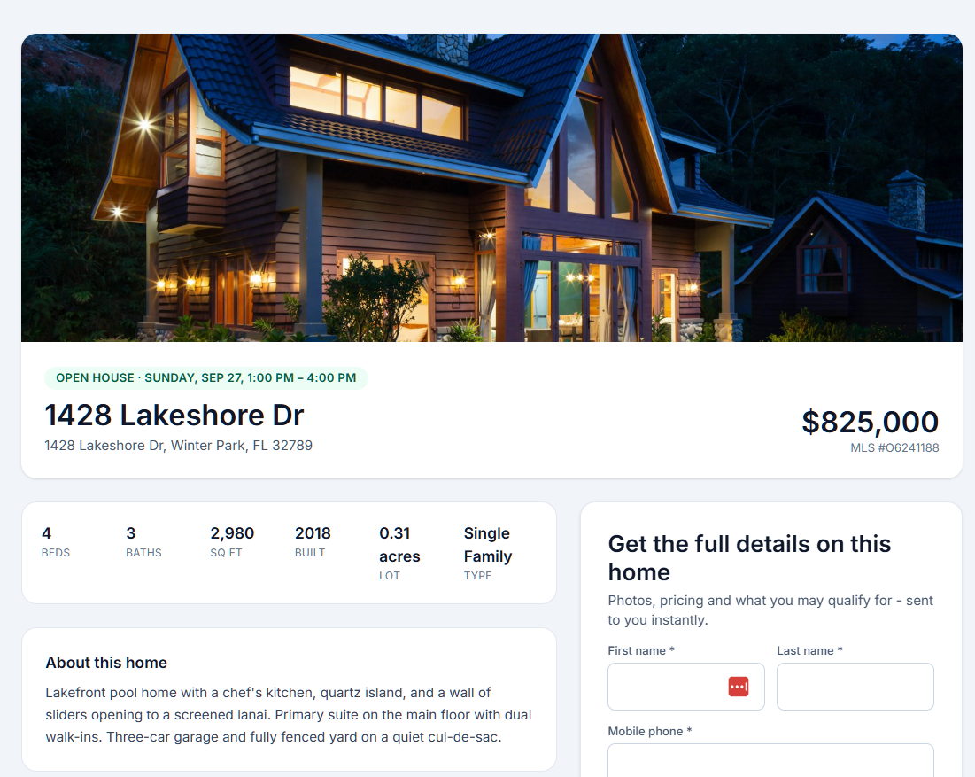 Open house listing page with property photo, details and a visitor sign-in form
