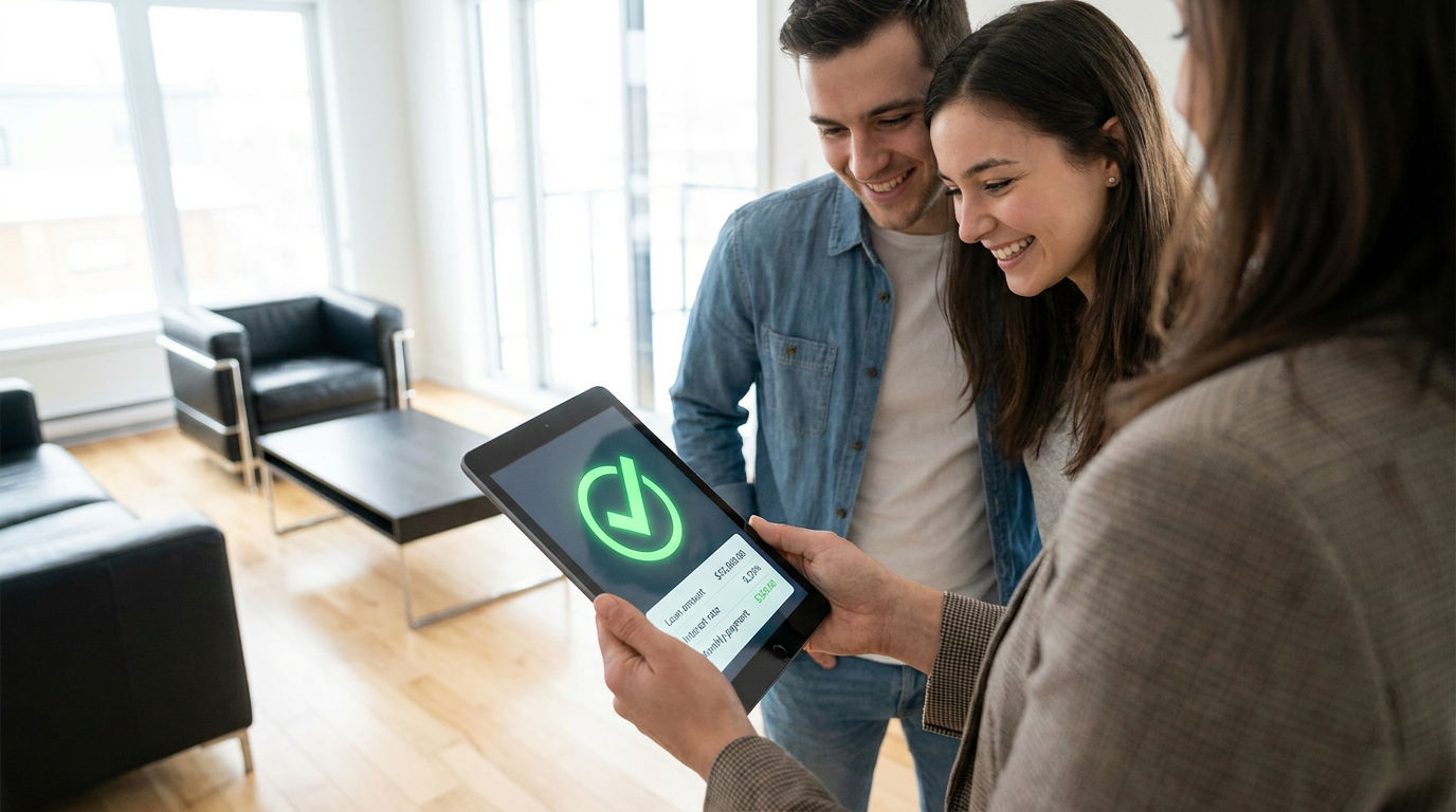 Over-the-shoulder shot of a real estate agent showing a tablet with a green "Verified" checkmark to an excited couple in a bright, modern living room.