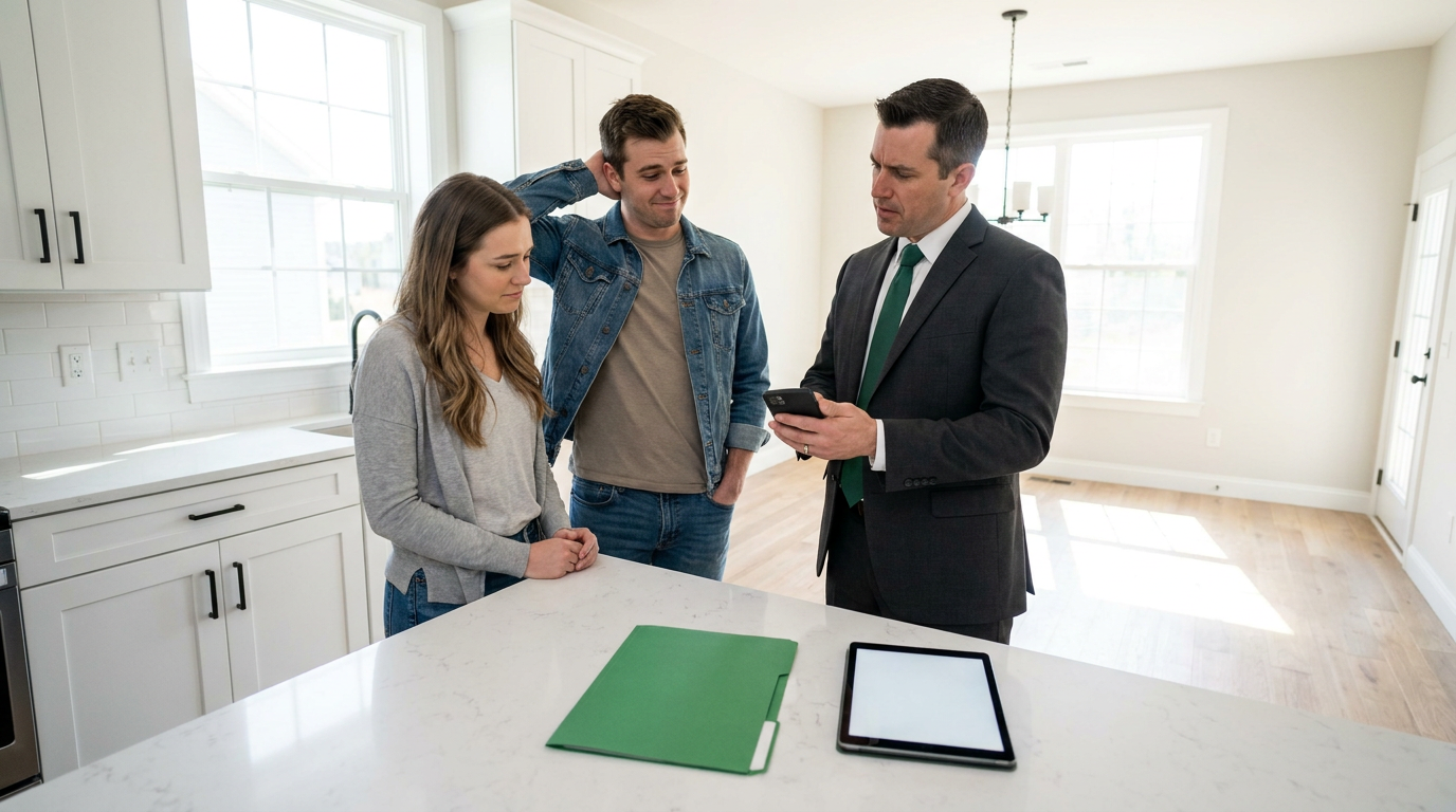 A concerned real estate agent in a green tie reviews a phone with an apologetic couple in a bright, modern white kitchen during an open house.