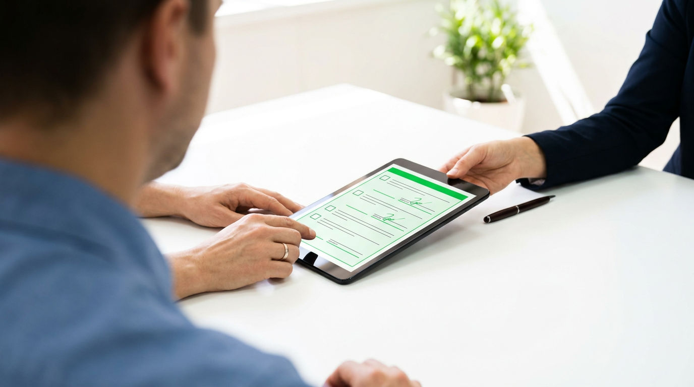 Over-the-shoulder shot of a buyer nervously sliding a tablet with a green-accented credit application toward a real estate agent at a bright, minimalist desk.