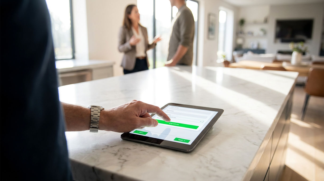 Over-the-shoulder view of a visitor using a tablet sign-in sheet with green buttons on a marble kitchen island during a bright, professional real estate open house.