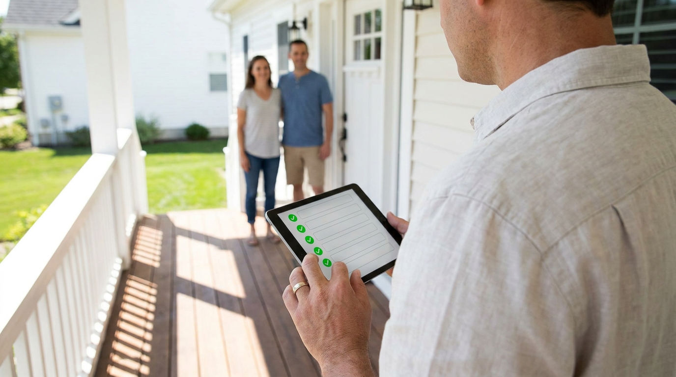 Over-the-shoulder view of a real estate agent checking green marks on an iPad questionnaire while a couple waits outside a bright suburban house.