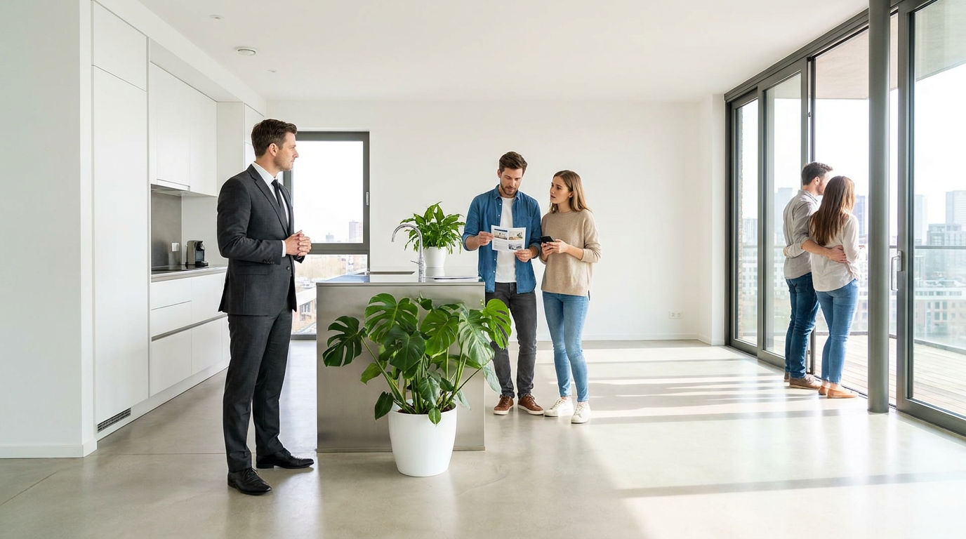 A sharp, sunlit modern open house featuring a real estate agent observing a focused young couple with a flyer while another couple distractedly admires the balcony view.