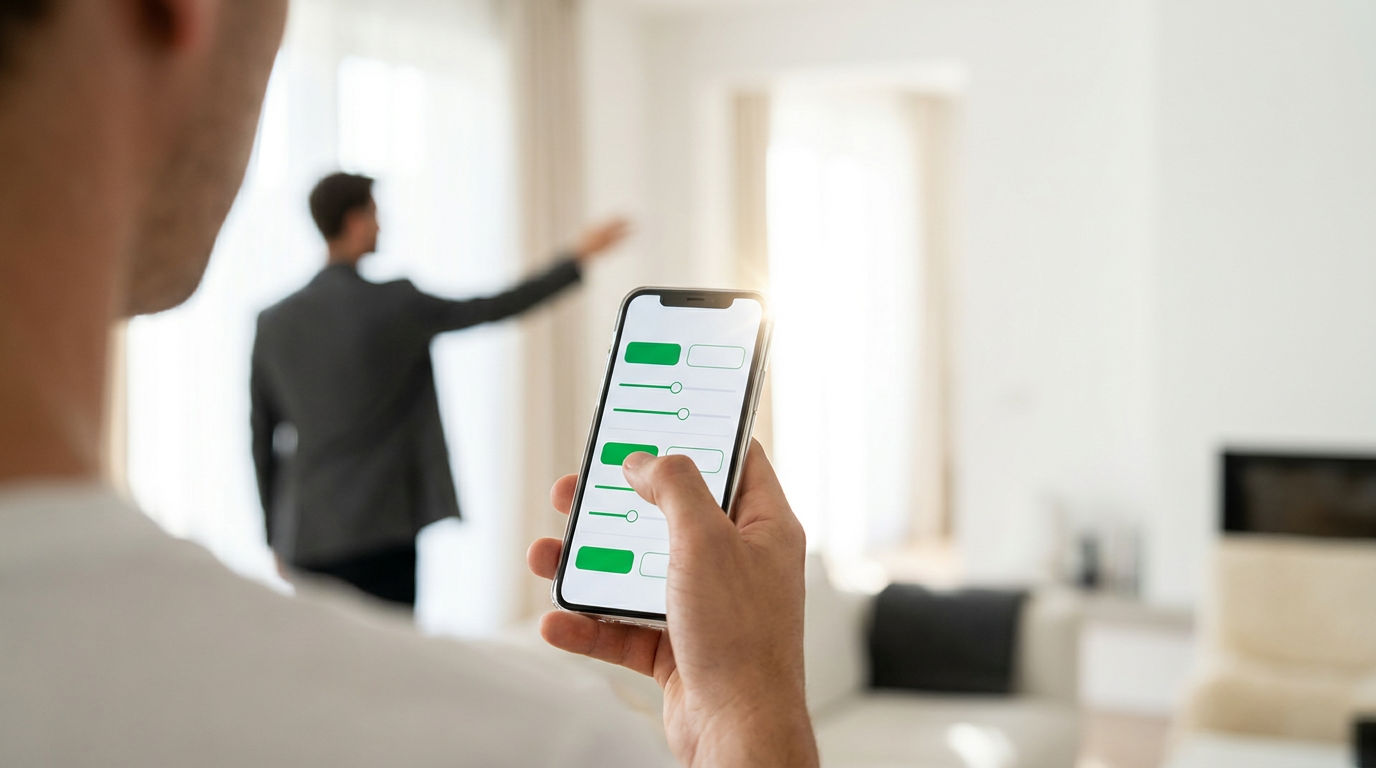 Close-up of a hand using a mortgage pre-qualification app on a smartphone in a bright, modern home while a blurred real estate agent stands nearby.