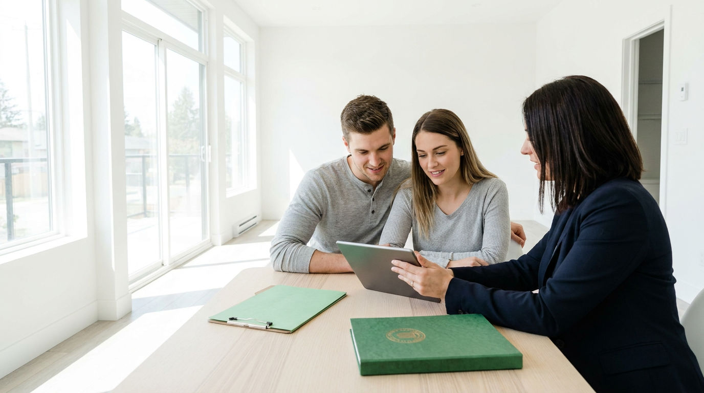 A couple in a sunlit office reviews a tablet with a professional. On the wooden table, a simple green folder and a premium gold-sealed folder represent different loan statuses.