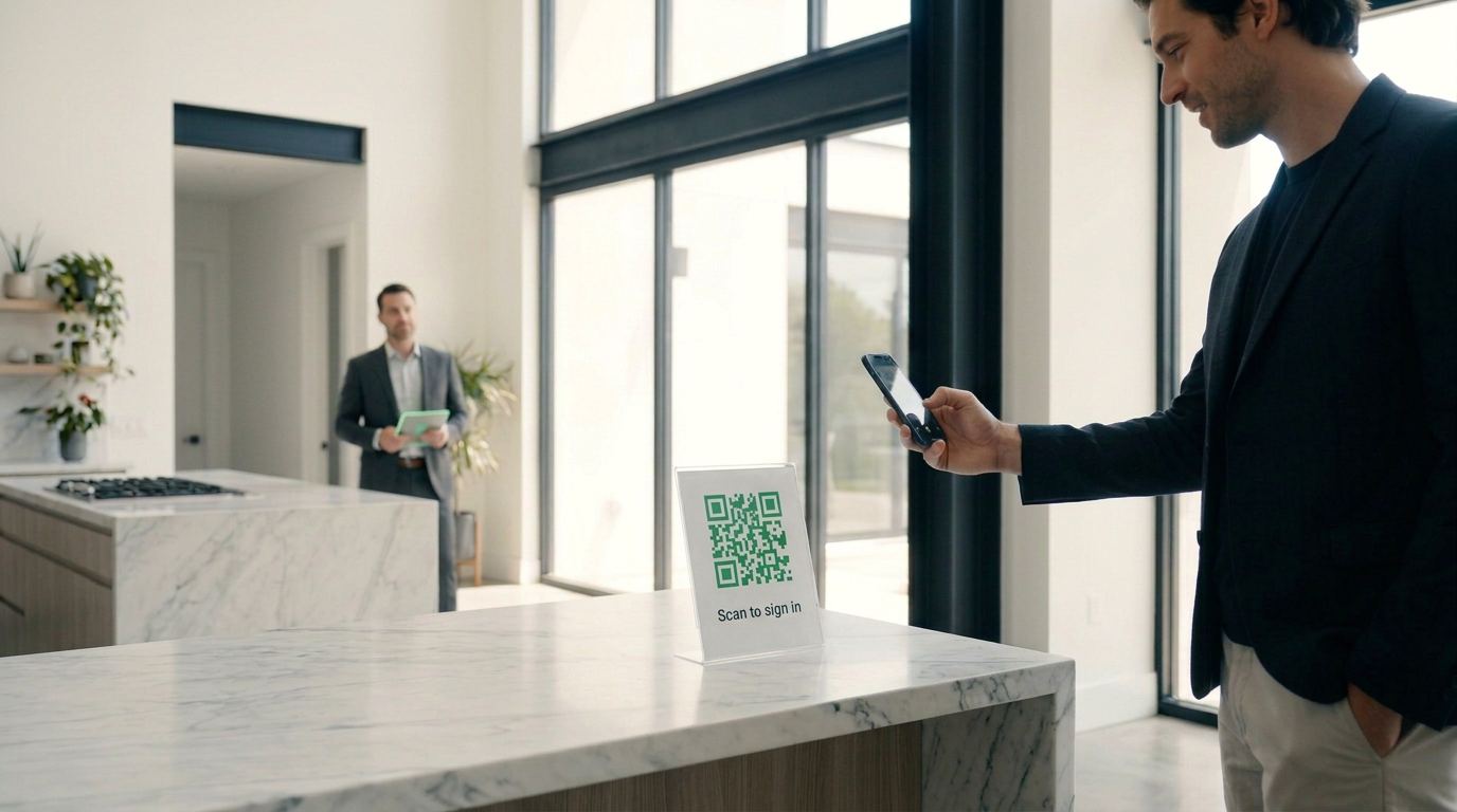 Open house visitor scanning a QR-code sign-in card on a kitchen island with his phone while the agent holds a tablet
