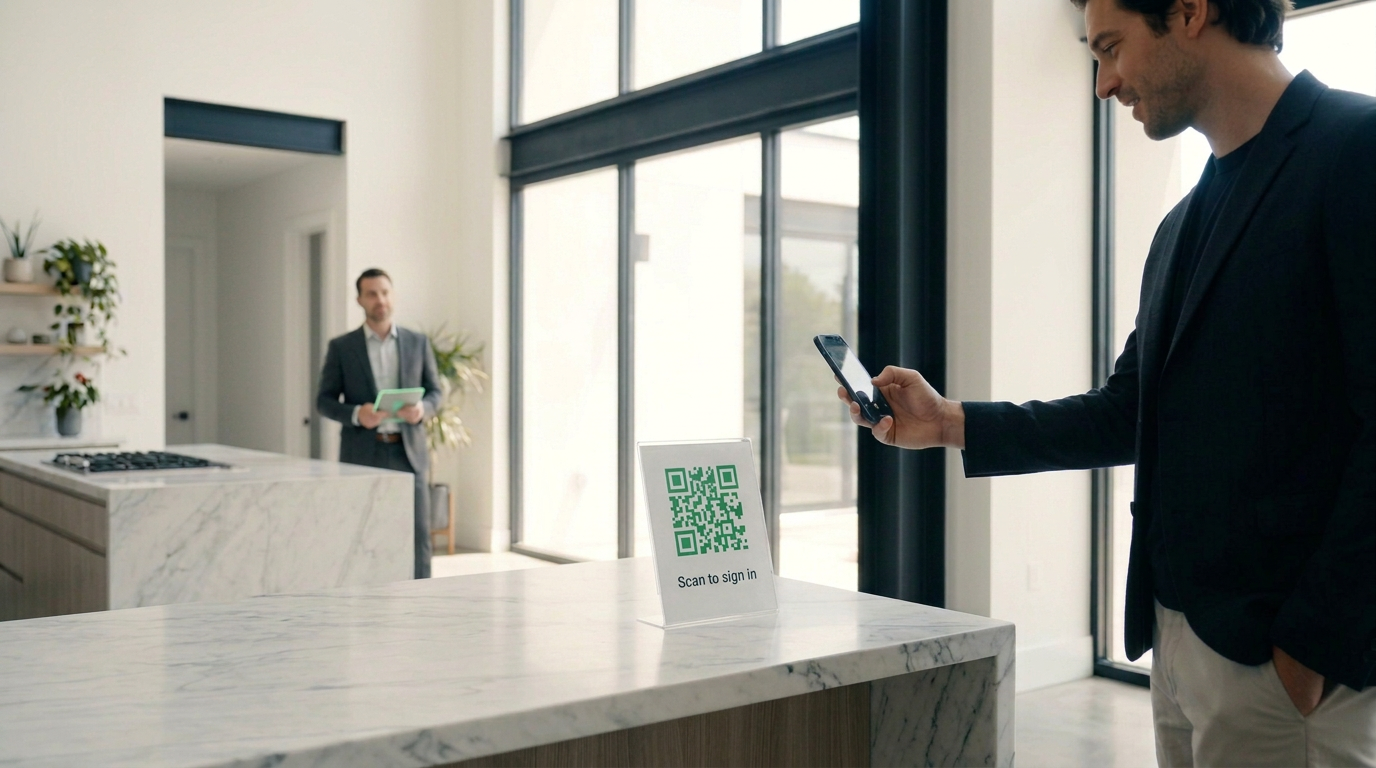 Open house visitor scanning a QR-code sign-in card on a kitchen island with his phone while the agent holds a tablet