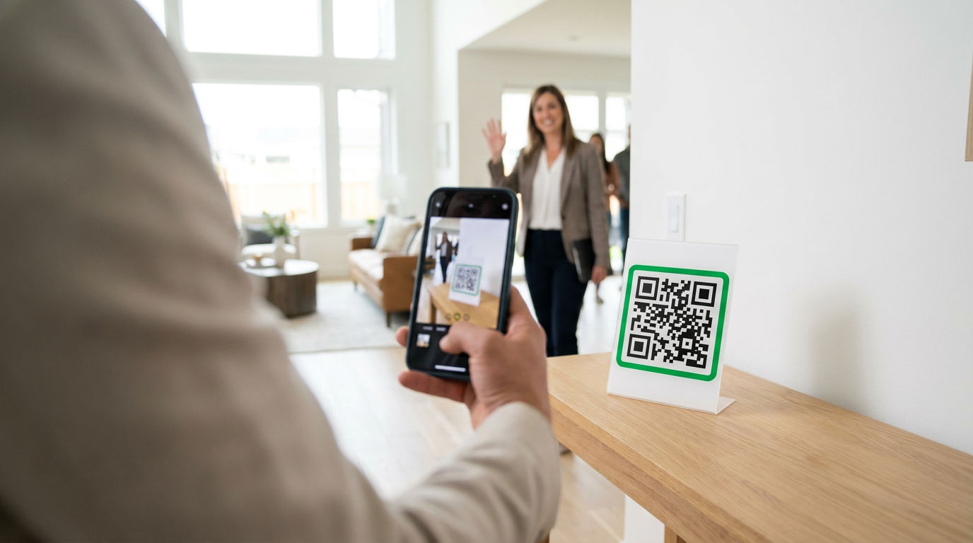 Over-the-shoulder shot of a buyer scanning a QR code on a white acrylic sign. A real estate agent stands in a sun-drenched, modern living room background.