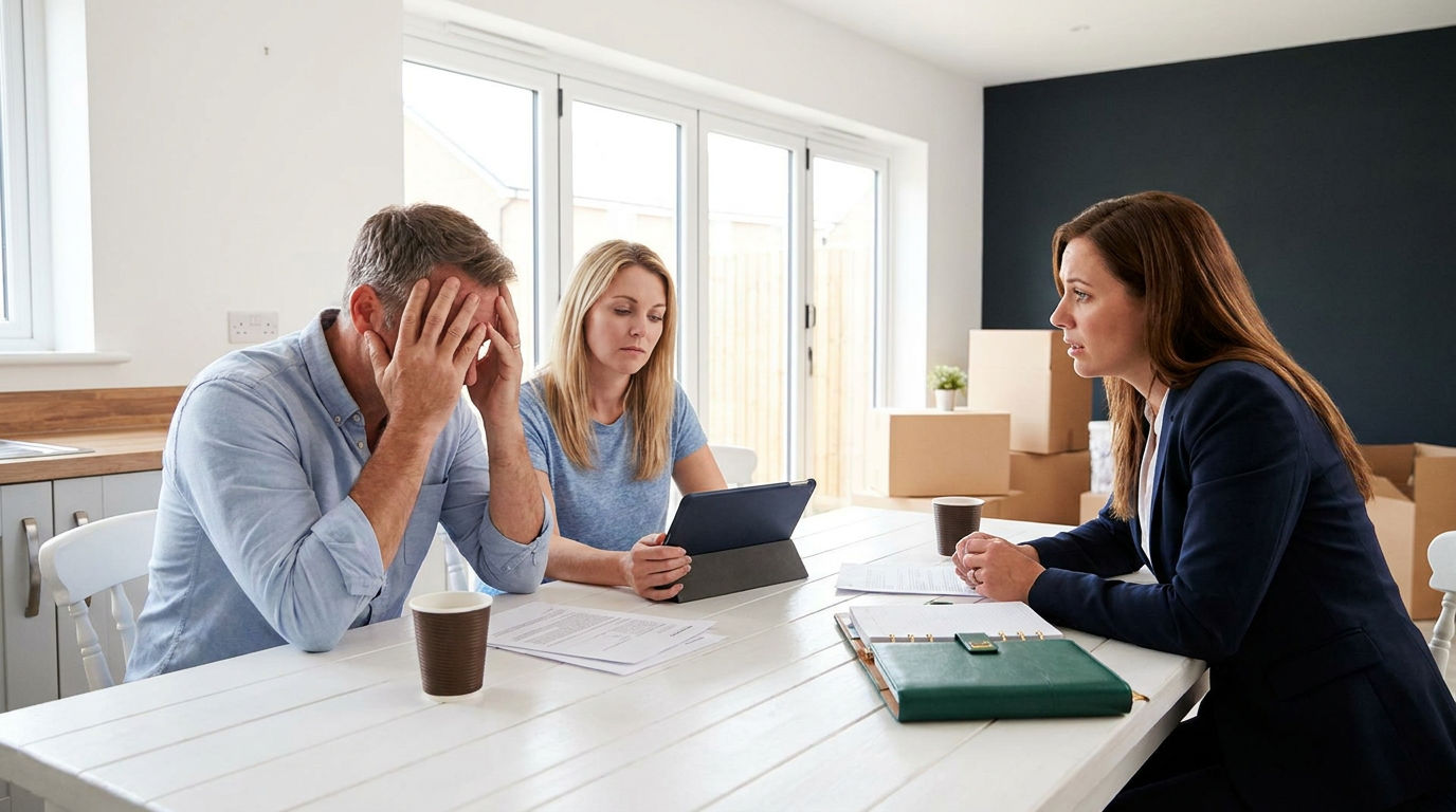 A distressed couple sits at a white kitchen table with a real estate agent, surrounded by contracts, a green planner, and moving boxes in a sun-drenched home.