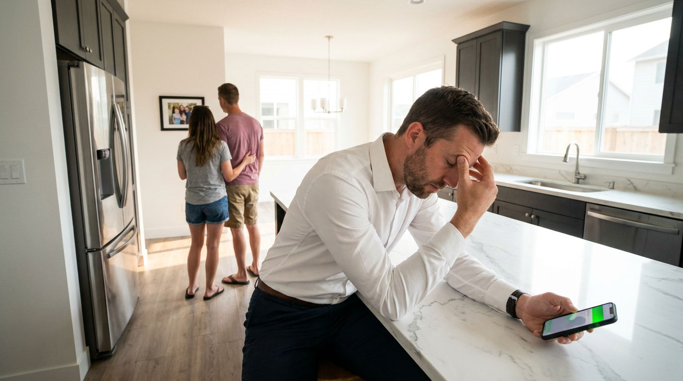 A frustrated real estate agent sits at a white marble island, head in hand, while a casual couple ignores him to look at decor in a modern kitchen.